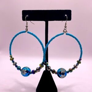 Vintage Blue Seed Beaded Hoop Floral Flower Dangle Drop Statement Earrings